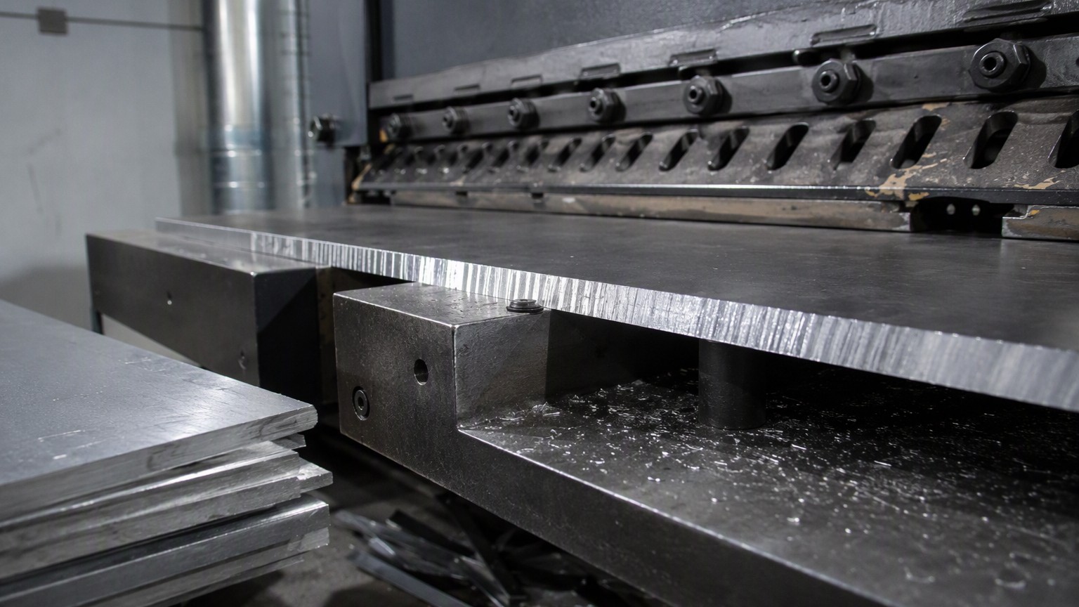 aluminum sheet vs plate - guillotine shear cutting thick aluminum plate with a stack of thin aluminum sheet beside it