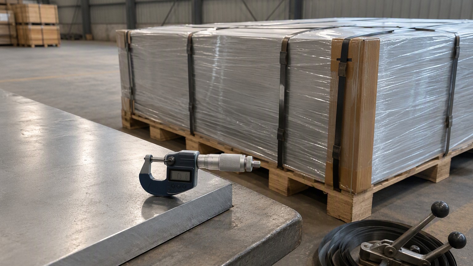 aluminum sheet vs plate - micrometer thickness inspection of an aluminum plate before export packing