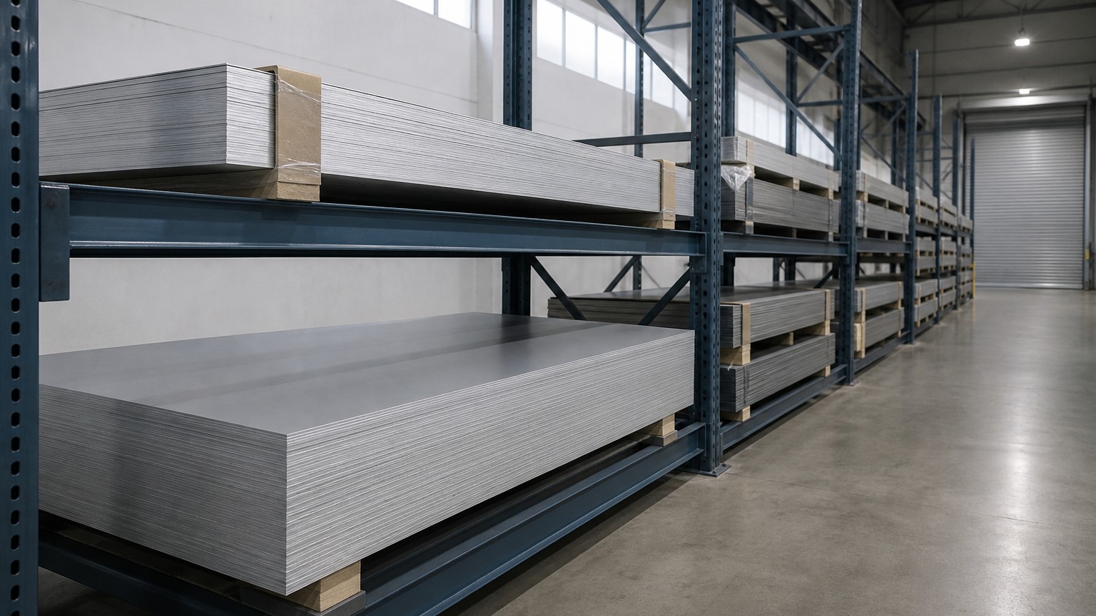 anodized aluminum sheets and plates stacked in a metals warehouse