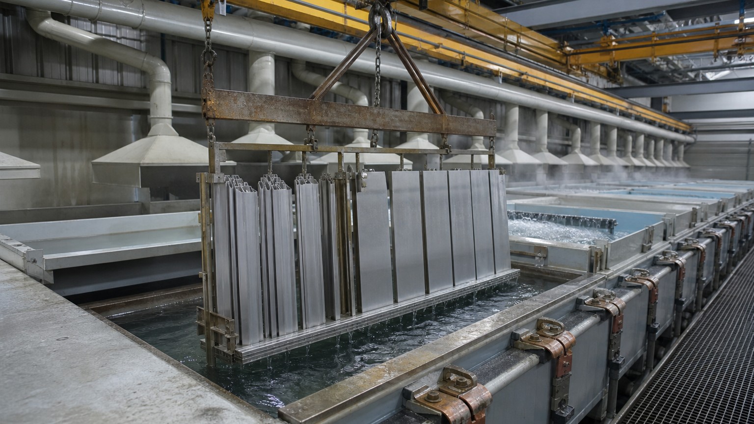 anodized aluminum profiles on a jig inside an industrial anodizing line