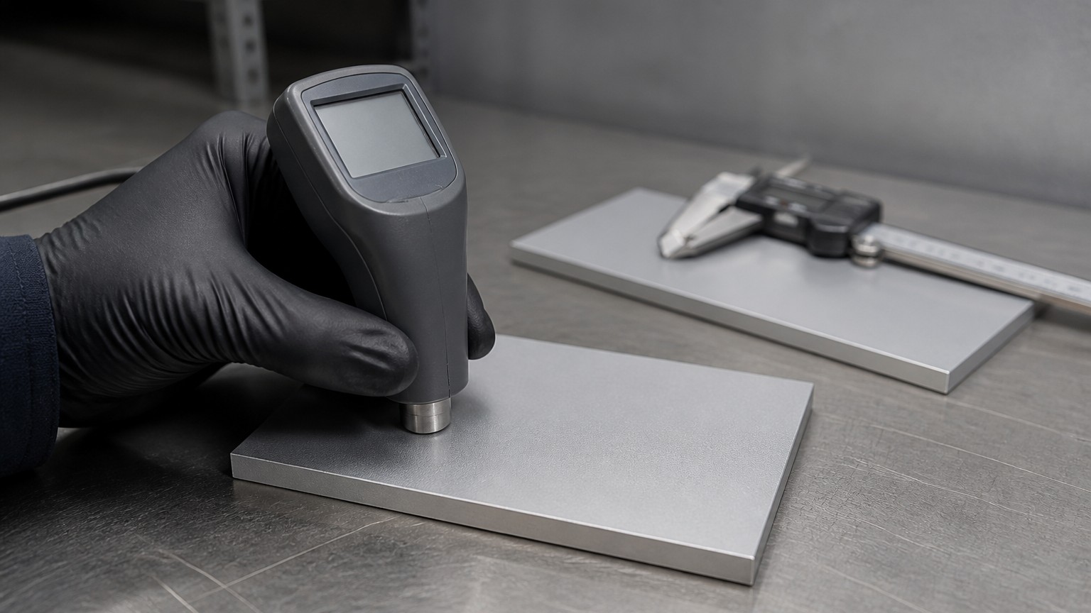coating thickness inspection of an anodized aluminum plate on an inspection bench