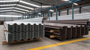 corrugated vs trapezoidal roofing sheet - stacked color coated roofing sheet bundles in an export warehouse