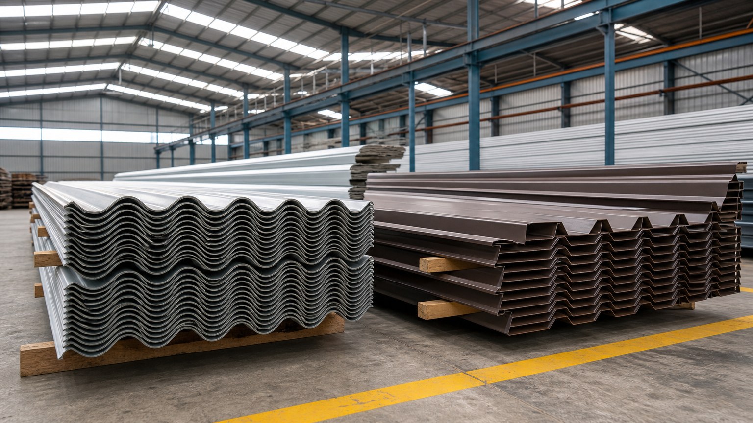 corrugated vs trapezoidal roofing sheet - stacked color coated roofing sheet bundles in an export warehouse showing both profile shapes side by side