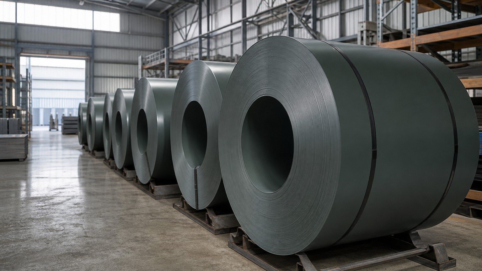metal roofing lifespan - stacked color coated steel coils in an export warehouse, the coated substrate a long life roof begins with