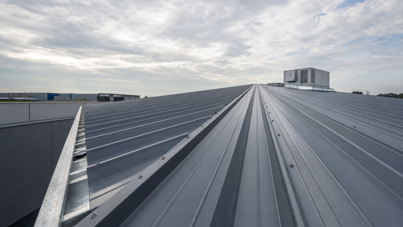 metal roofing lifespan - trapezoidal PPGL roofing sheet installed on an industrial building with galvanized purlins and fixings