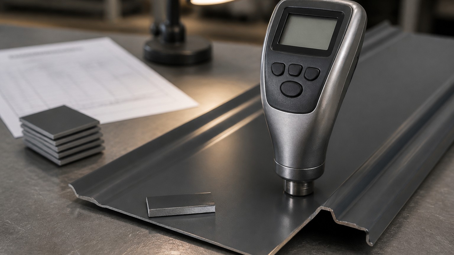metal roofing lifespan - coating thickness gauge on a color coated roofing sheet with a sheared edge coupon for inspection