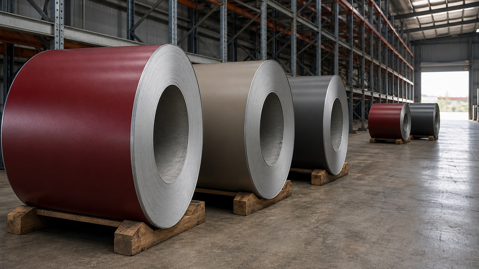 PPGI roofing sheet - color coated galvanized steel coils stored on timber dunnage in an export warehouse