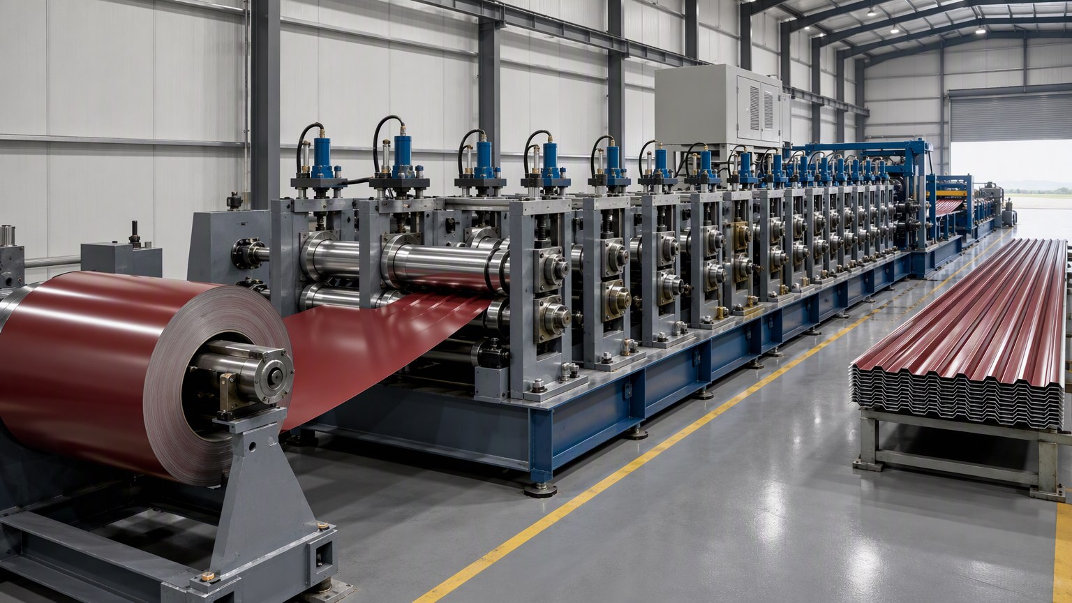 PPGI roofing sheet - roll forming line converting color coated steel coil into corrugated and trapezoidal profiles