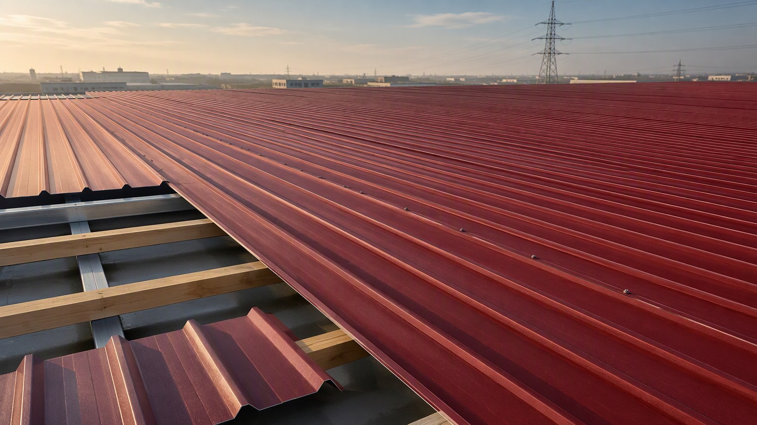 PPGI roofing sheet - trapezoidal color coated sheets fixed on an industrial building roof with hex-head fasteners