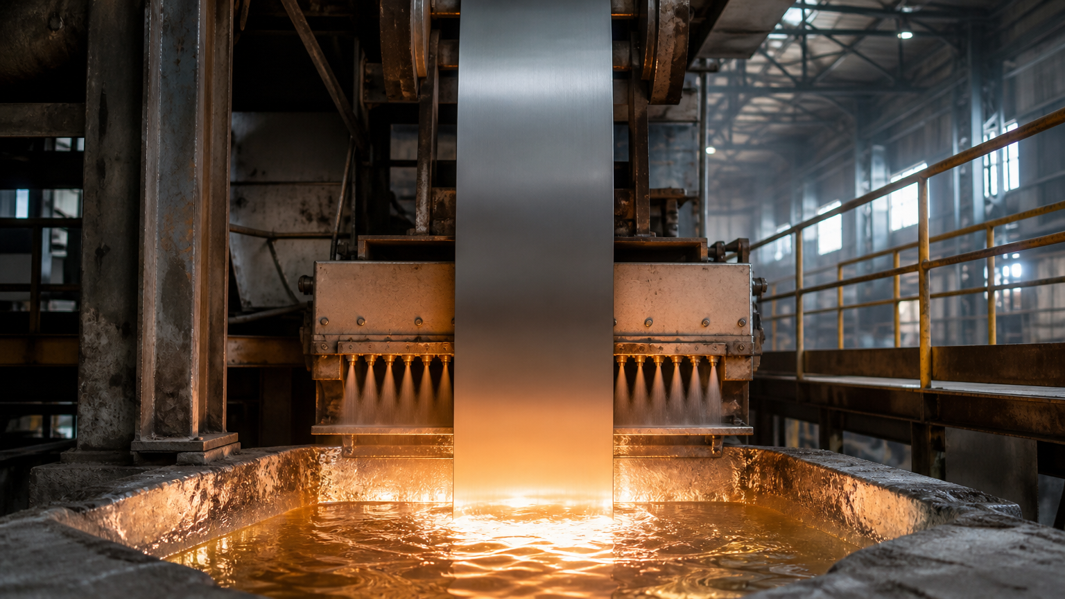 galvanized sheet gauge - strip leaving the molten zinc pot where coating mass is set by the air knives