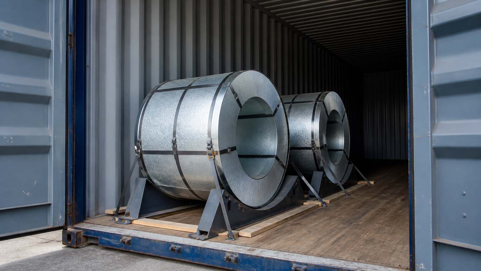 Z275 galvanized sheet - banded coated coils on cradles loaded into an export container