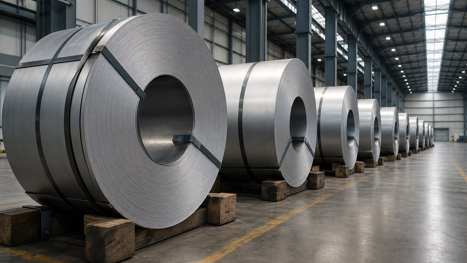 galvanized steel coil - uncoated steel coils staged on timber dunnage before the galvanizing line