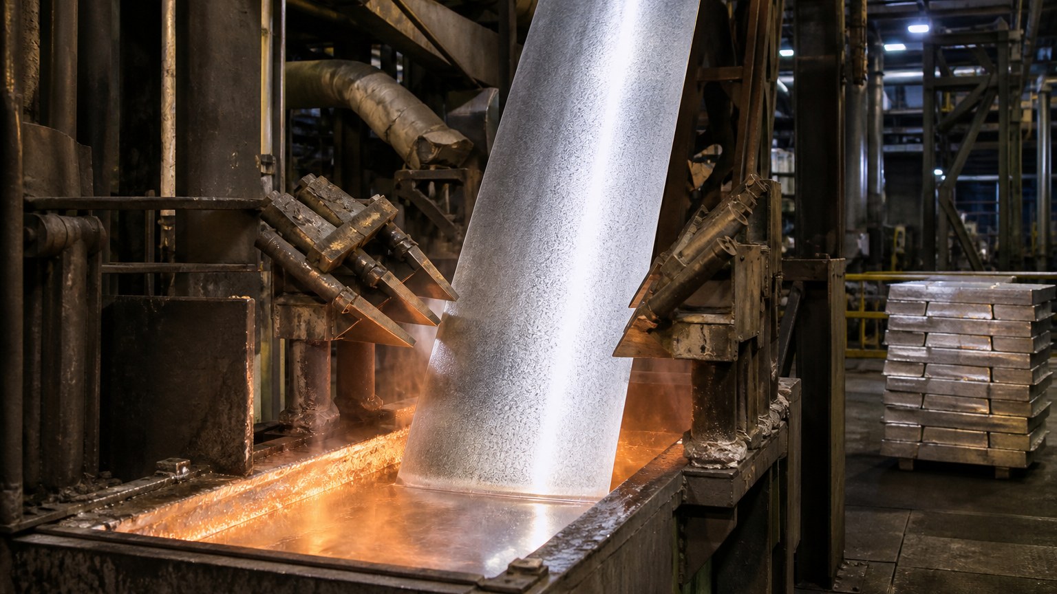 galvanized steel coil - steel strip emerging from the molten zinc pot on a continuous hot-dip galvanizing line