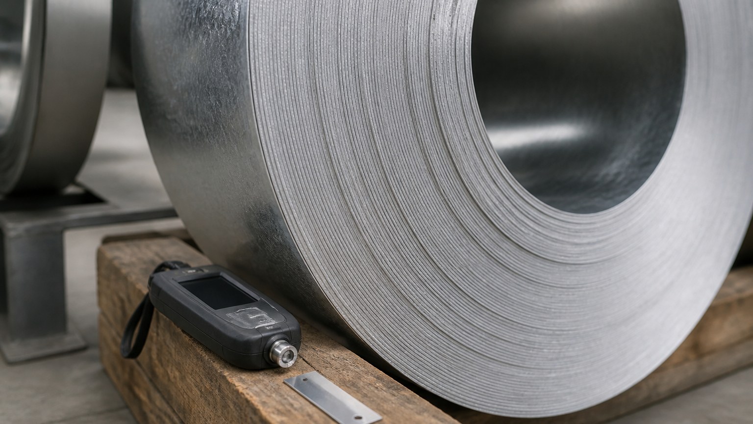 galvanized steel coil - zinc coating thickness checked with a gauge at the coil end before shipment