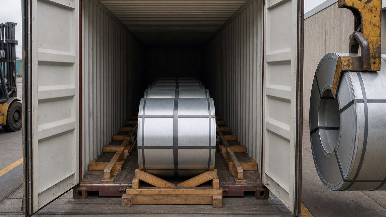 galvanized steel coil - banded coils on V-shaped cradles loaded into an export container