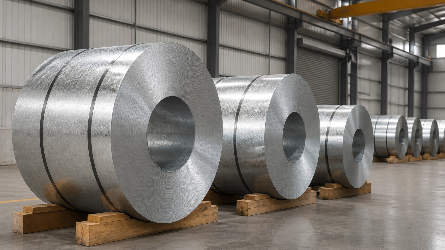 galvanized steel in construction - galvanized steel coils stacked on dunnage in a warehouse before dispatch