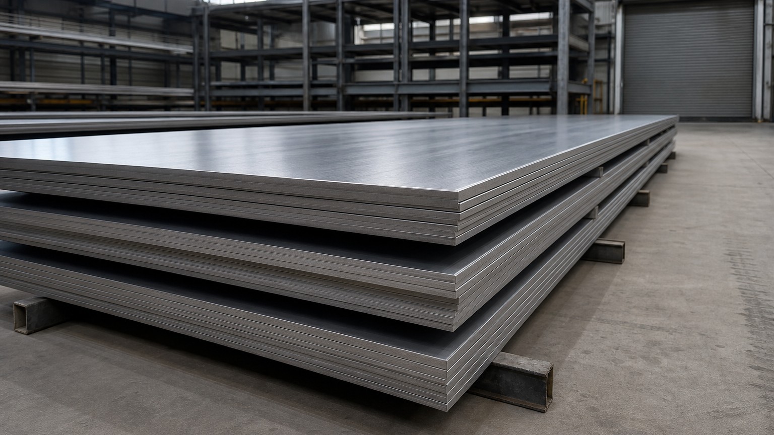 stainless steel PMI testing - stacked stainless steel plates in a warehouse awaiting grade verification