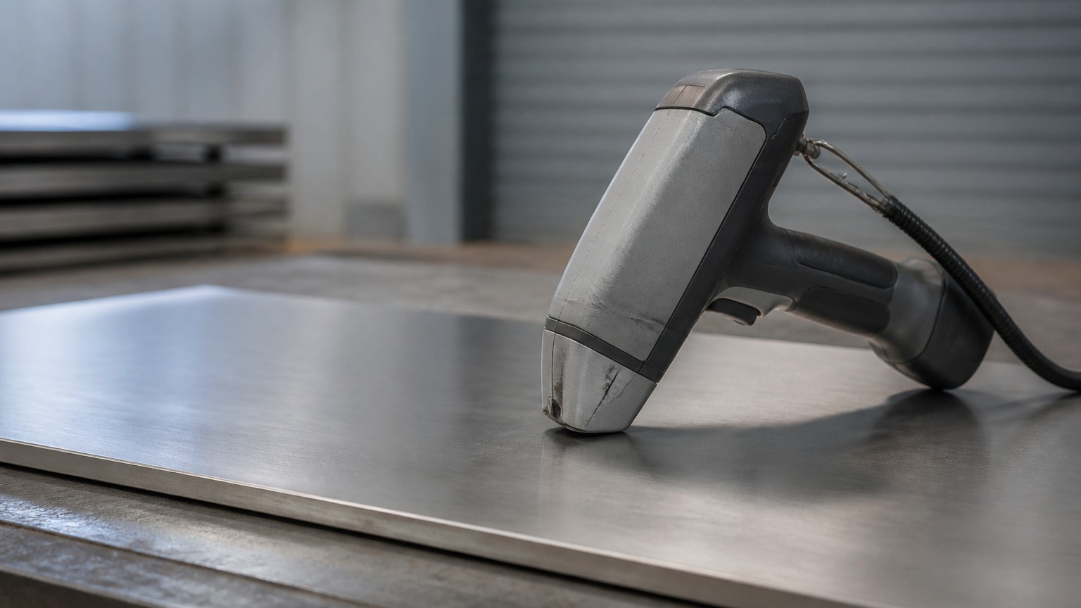 stainless steel pmi testing - handheld XRF analyzer positioned on a stainless steel plate surface