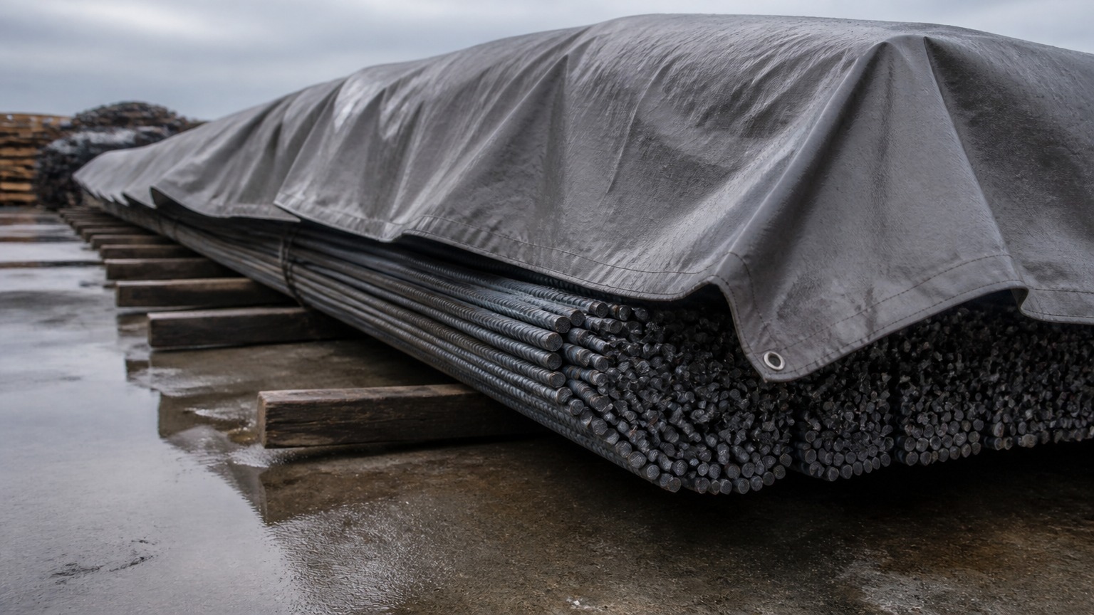 rebar corrosion protection - HRB400 deformed steel bar bundles covered and stacked off the ground in storage