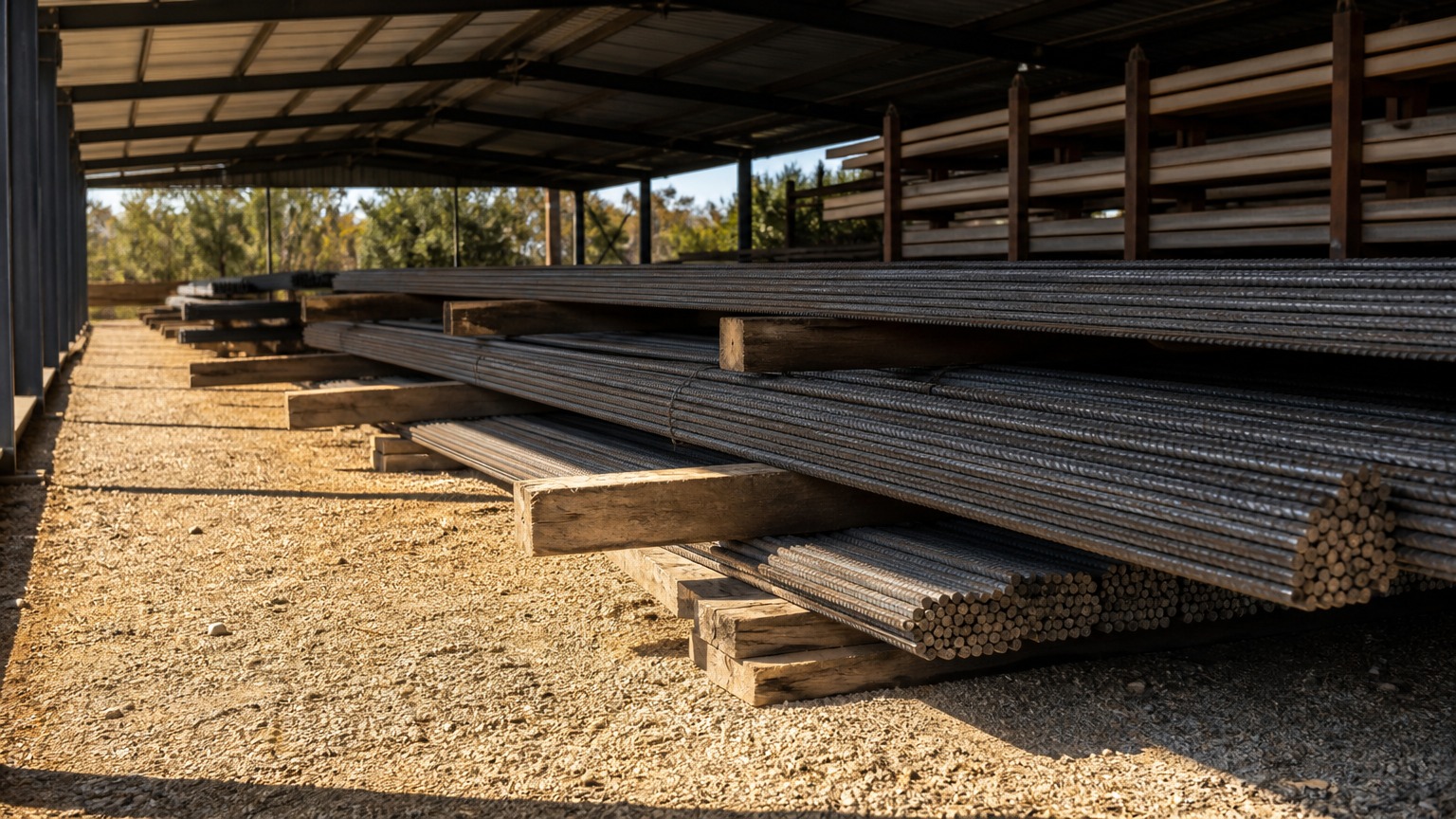 rebar corrosion protection - deformed steel bars stored on timber dunnage under a waterproof cover