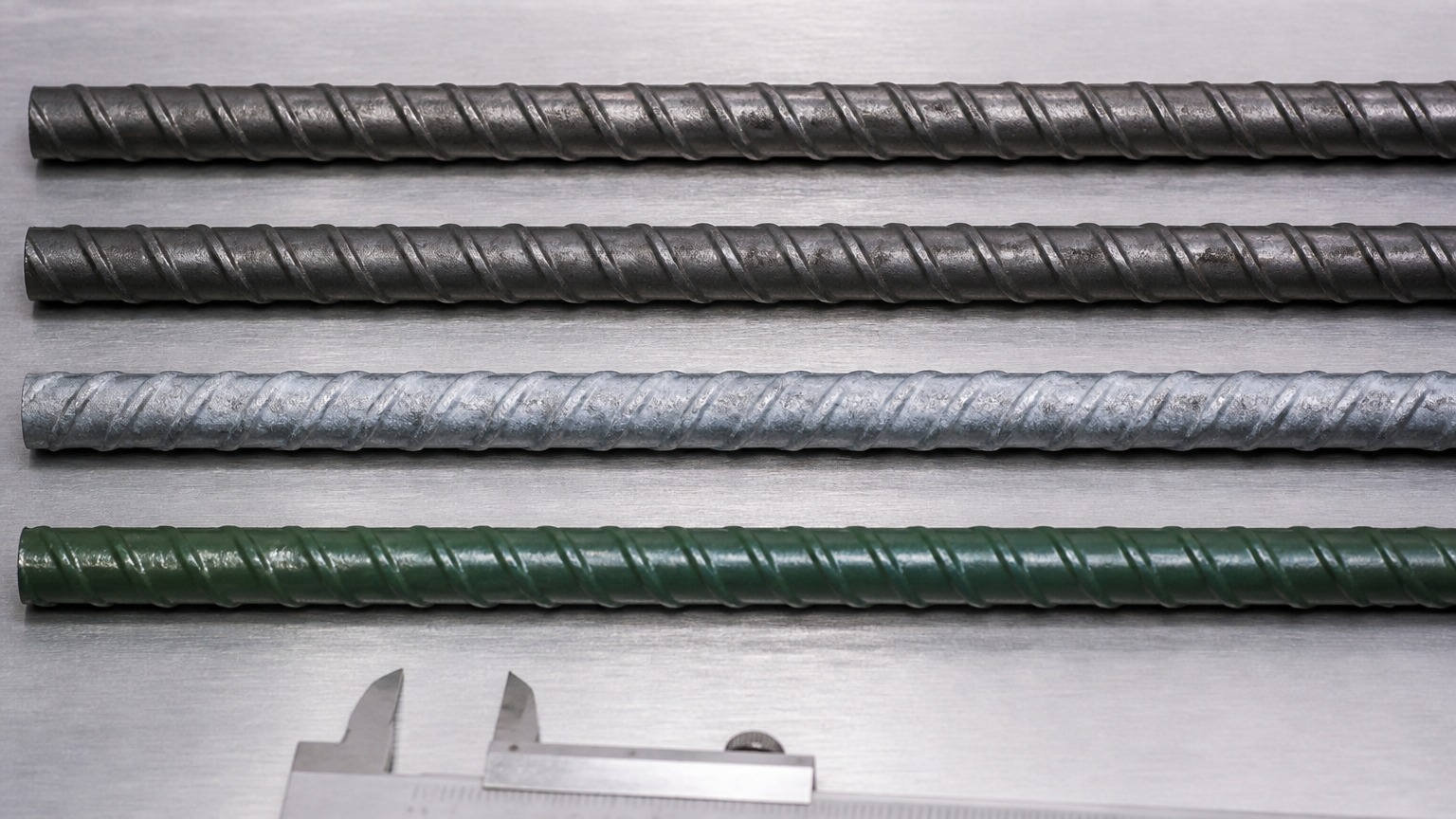 rebar corrosion protection - galvanized and epoxy coated deformed steel bar samples on an inspection table