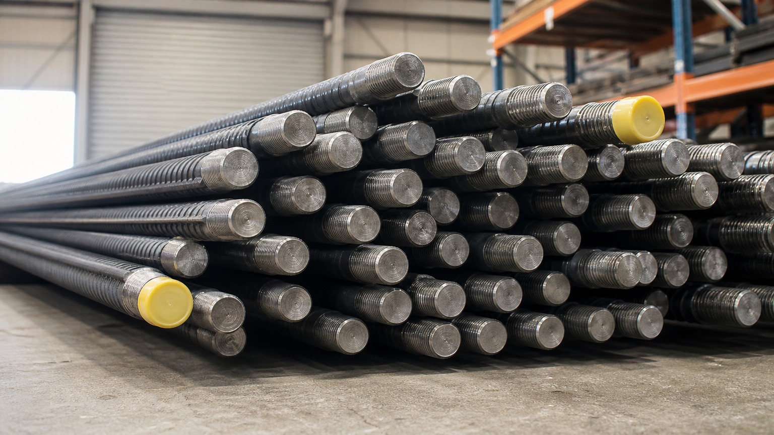 rebar couplers - prepared bar ends with rolled threads on a fabrication bench