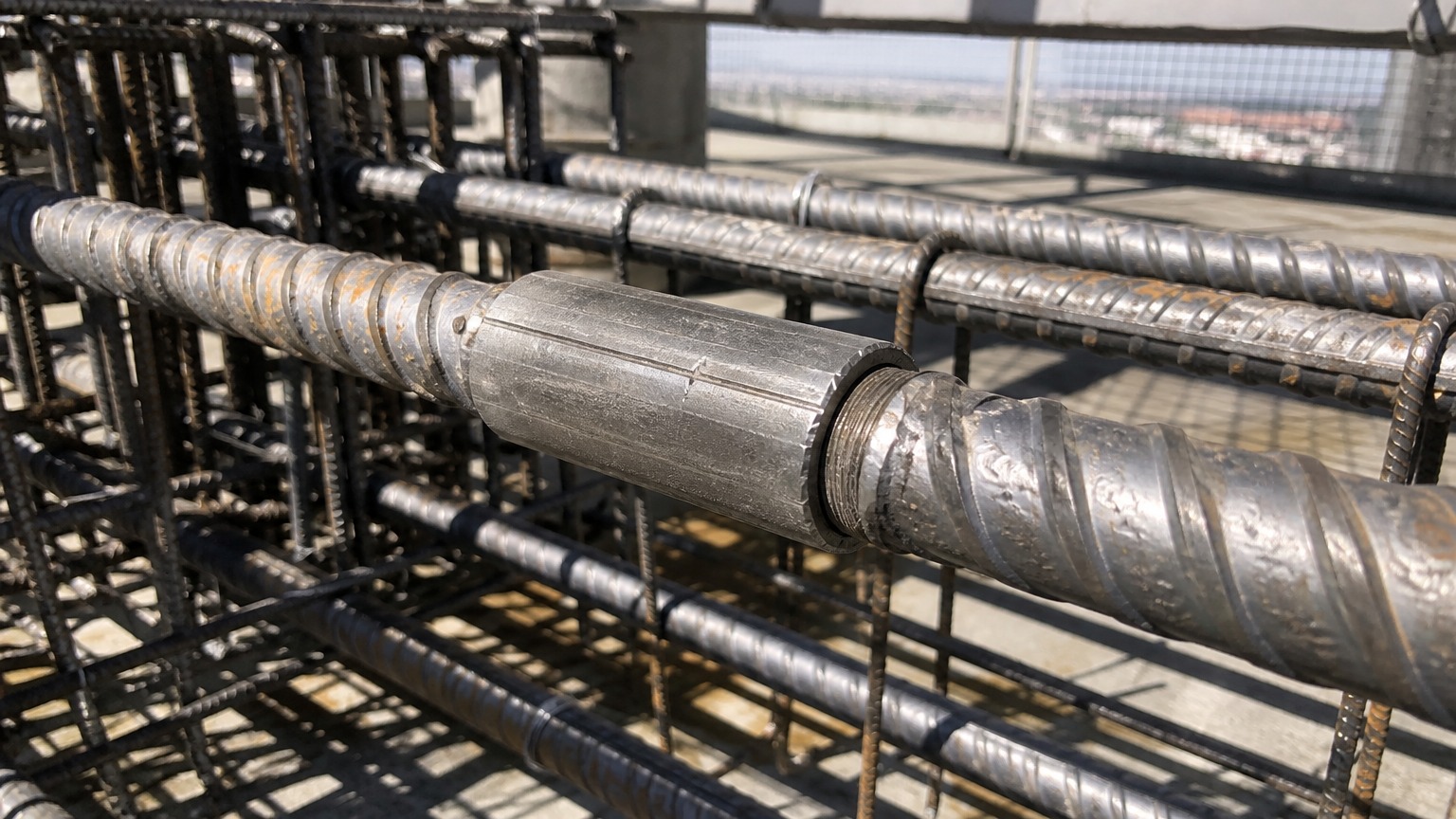 rebar couplers - threaded mechanical splicing of deformed steel bar in a column stack on site