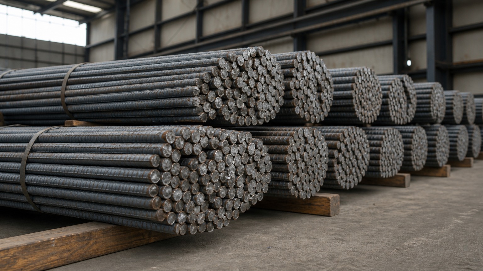 rebar lap splice length - bundles of HRB400 ribbed deformed steel bar in the mill warehouse