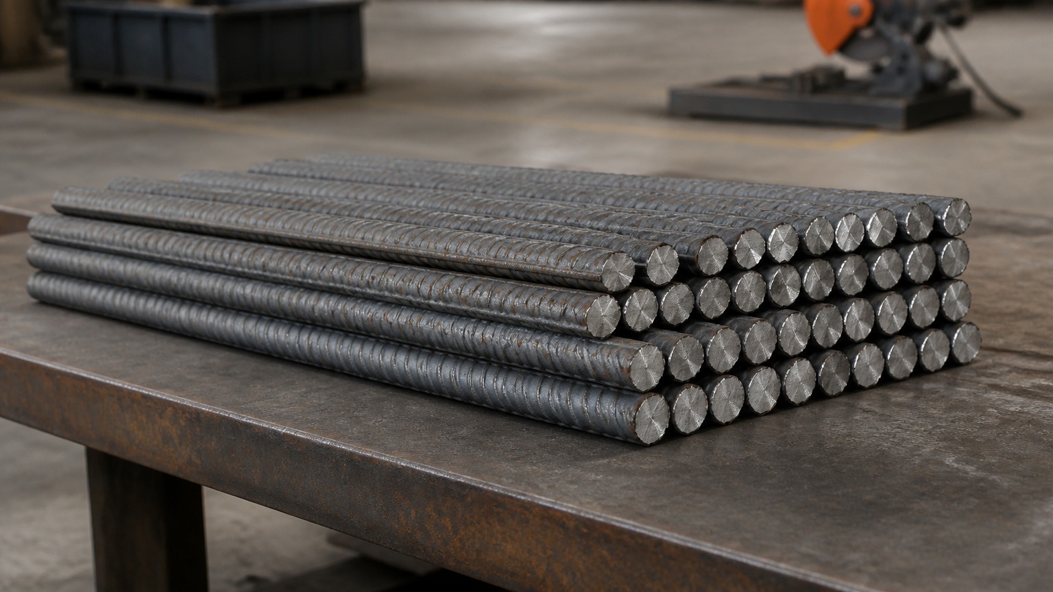 rebar lap splice length - deformed steel bar ends cut square and stacked ready for splicing