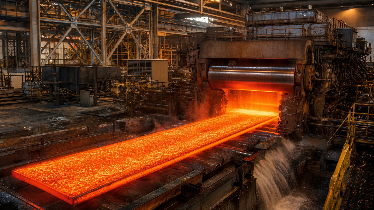 hot rolled vs cold rolled stainless steel - hot rolling mill passing a red hot stainless steel slab between work rolls