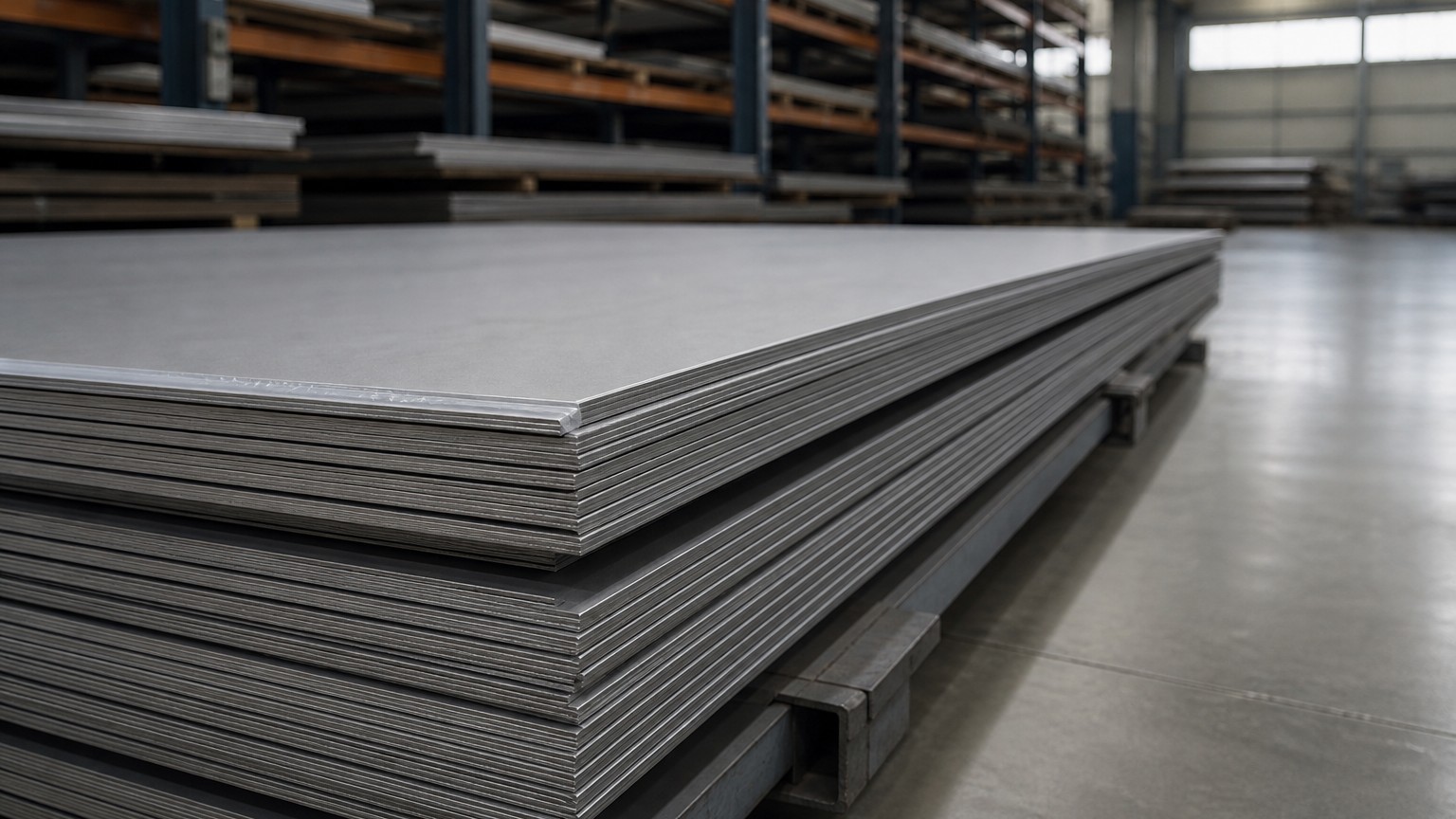 pickling and passivation stainless steel - stacked 304 stainless steel plates with 2B finish in a service centre warehouse