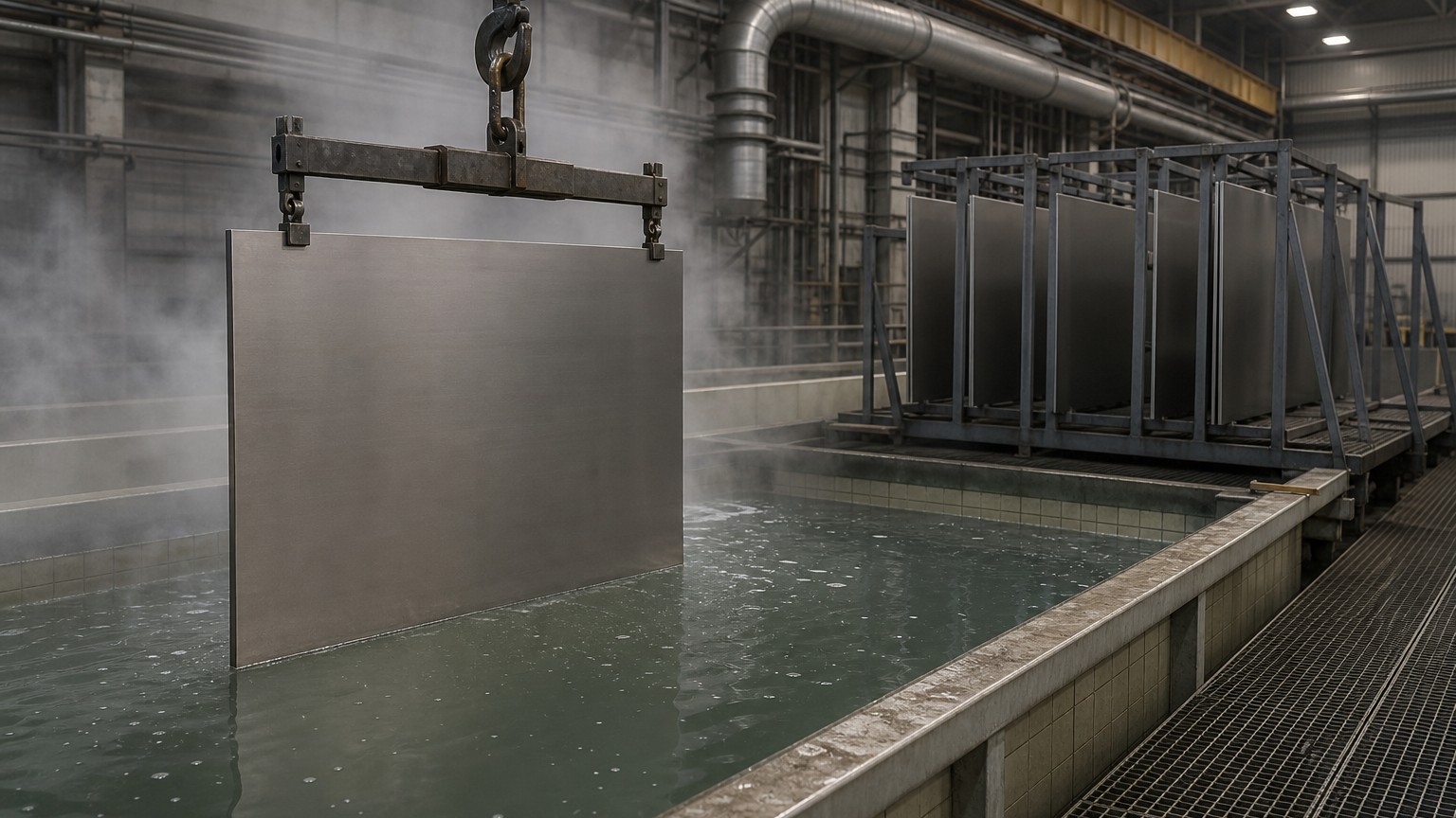 pickling and passivation stainless steel - stainless steel plate lowered into an acid pickling tank on a processing line