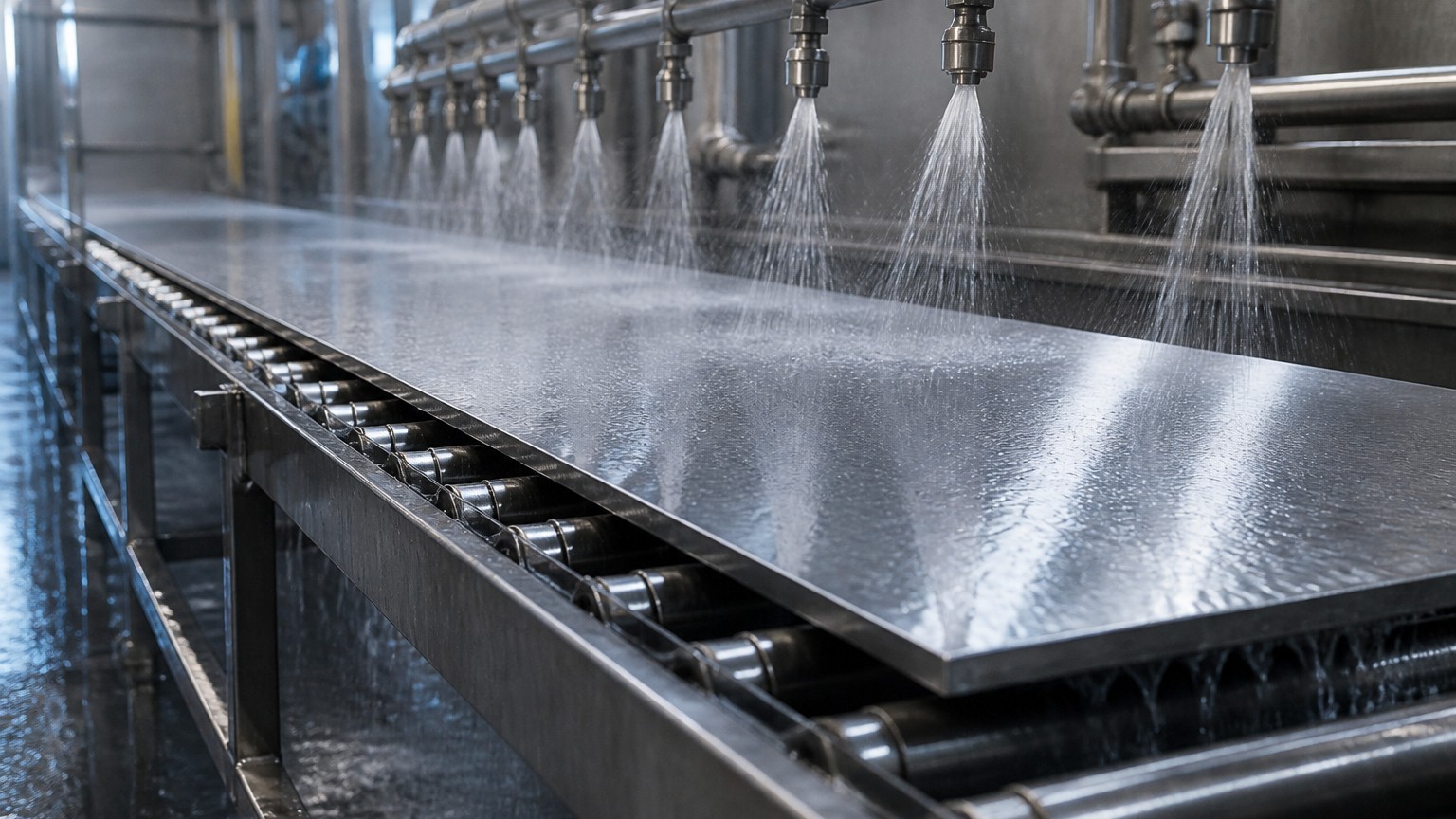 pickling and passivation stainless steel - water rinsing a passivated stainless steel plate on a roller conveyor