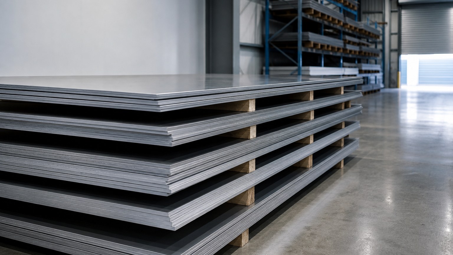 stainless steel hardness - stacked 304 and 316 stainless steel plates stored in a warehouse