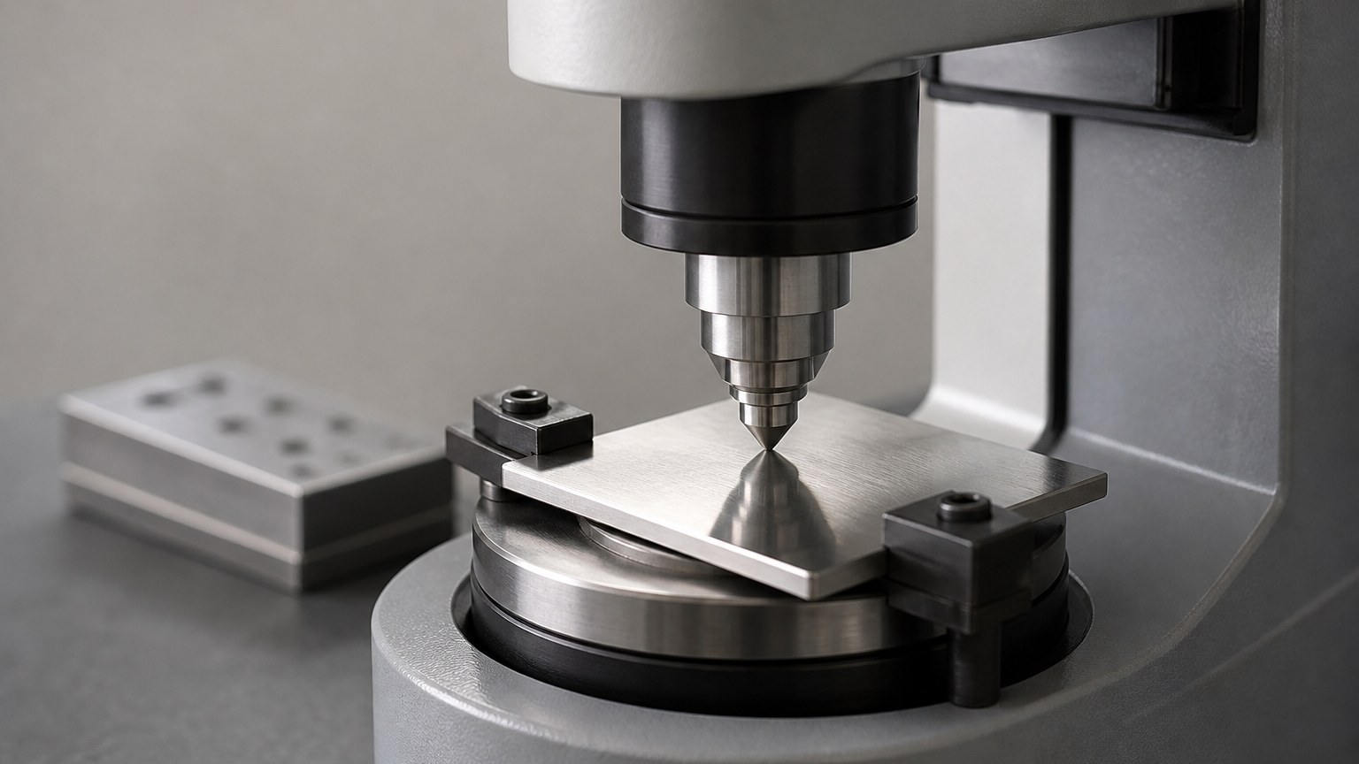 stainless steel hardness - Rockwell hardness tester indenting a stainless steel plate test sample