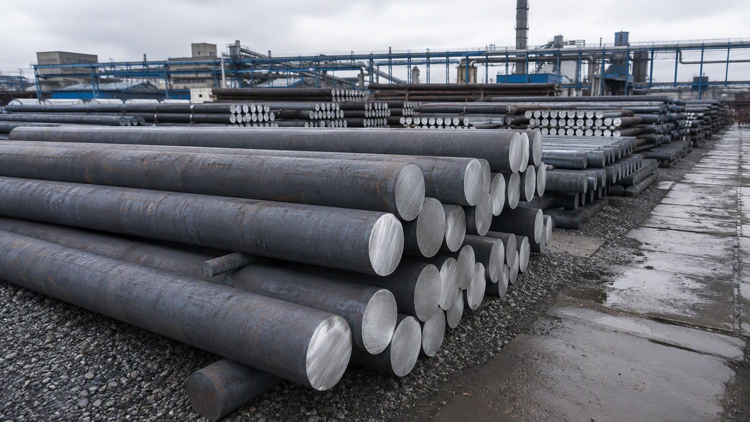 cold drawn seamless tube - stacked round carbon steel billets in a mill raw material yard