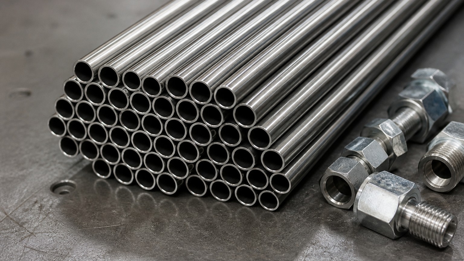 cold drawn seamless tube - close-up of precision seamless steel tubing with hydraulic fittings