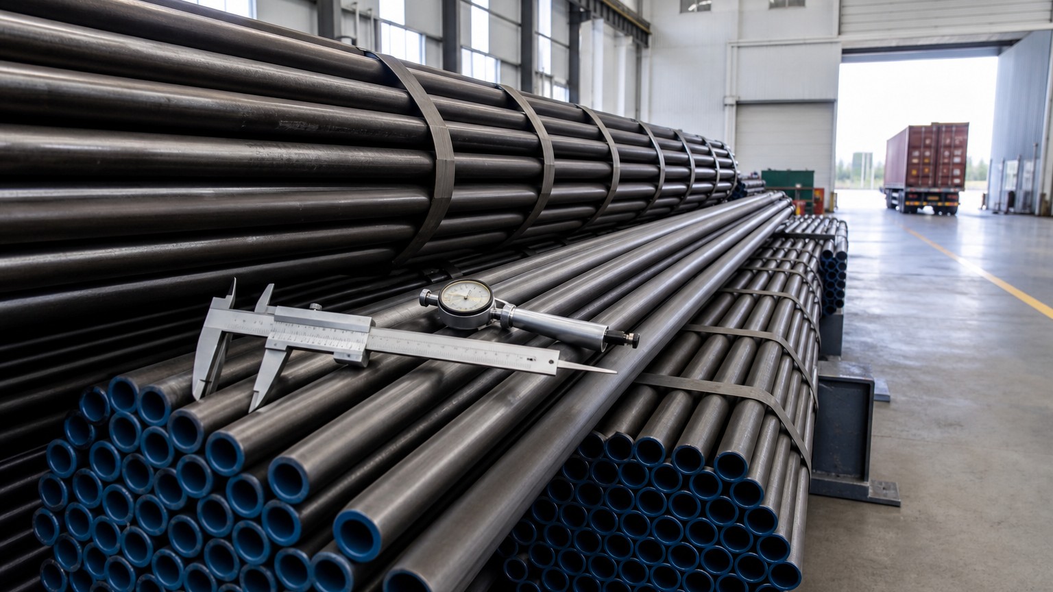 cold drawn seamless tube - bundled seamless steel tubes with end caps in a warehouse ready for inspection