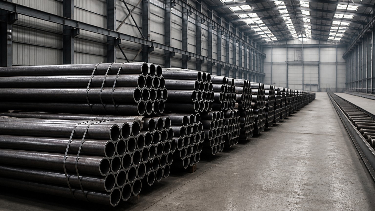 hydraulic tubing - seamless steel tubes stacked in a steel mill warehouse