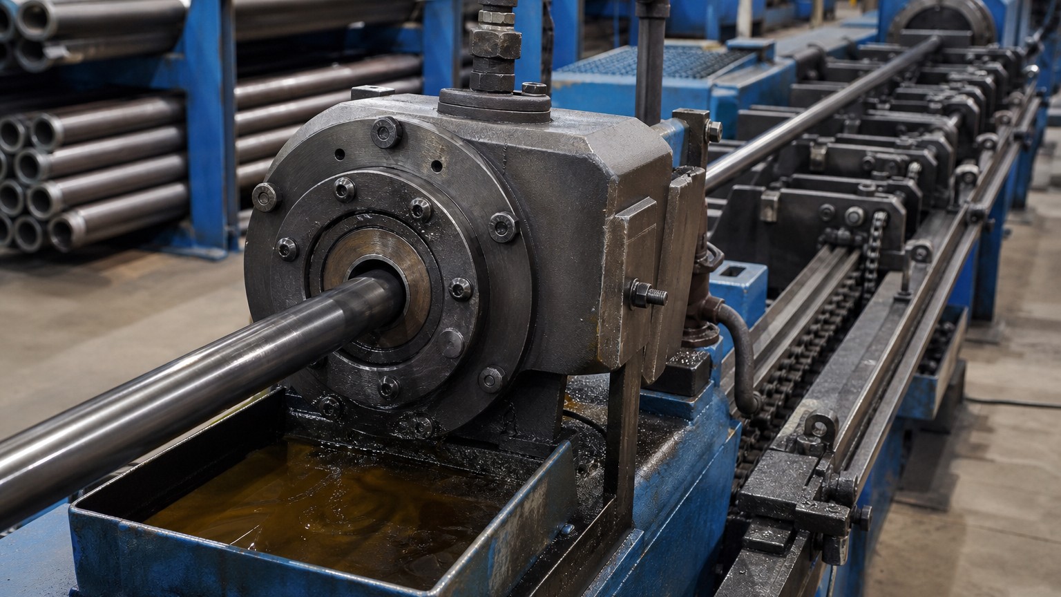 hydraulic tubing - cold drawing a seamless steel tube over a mandrel on a draw bench