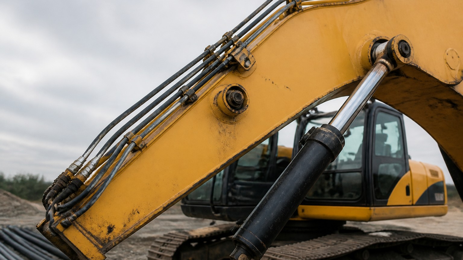 hydraulic tubing - high pressure hydraulic lines and cylinder fitted to an excavator boom