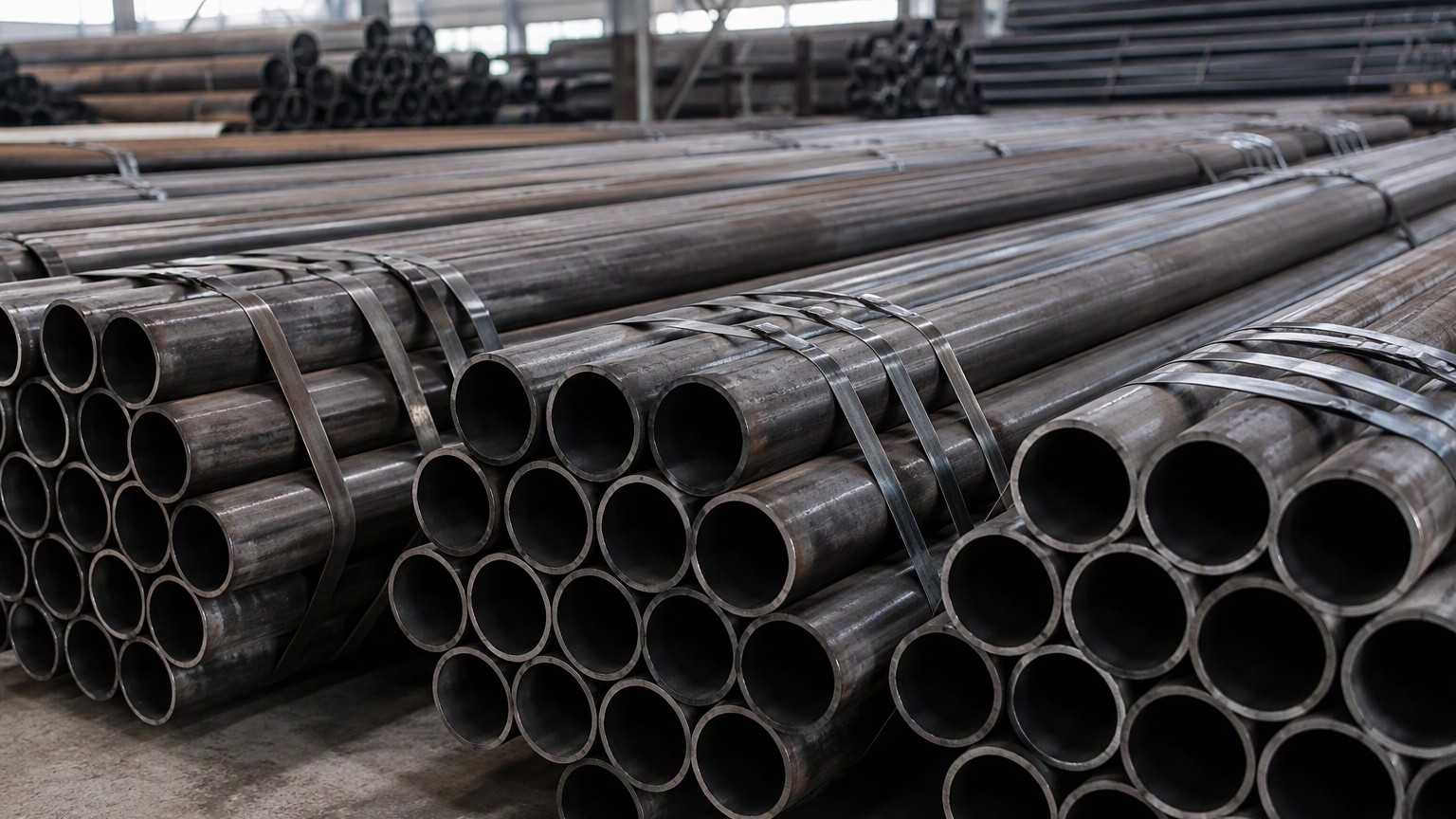 pipe end finish - bundled seamless carbon steel pipes with plain square-cut ends stacked in a warehouse