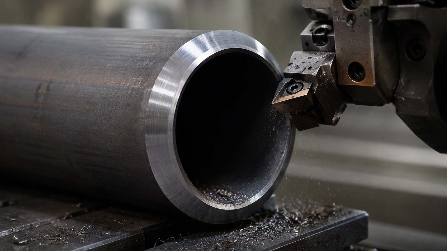 pipe end finish - beveling machine machining a chamfer on the end face of a seamless steel pipe