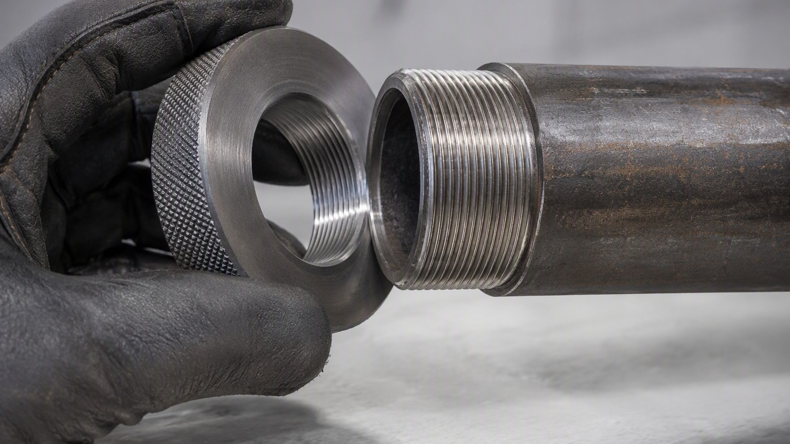 pipe end finish - thread ring gauge checking a threaded steel pipe end during final inspection