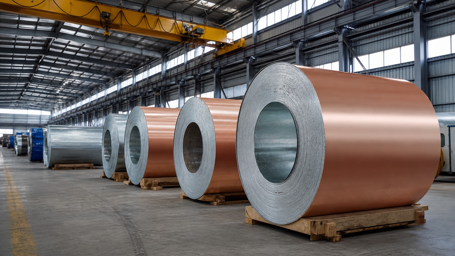 PPGI coating adhesion test - color coated steel coils stored upright in a steel service centre warehouse