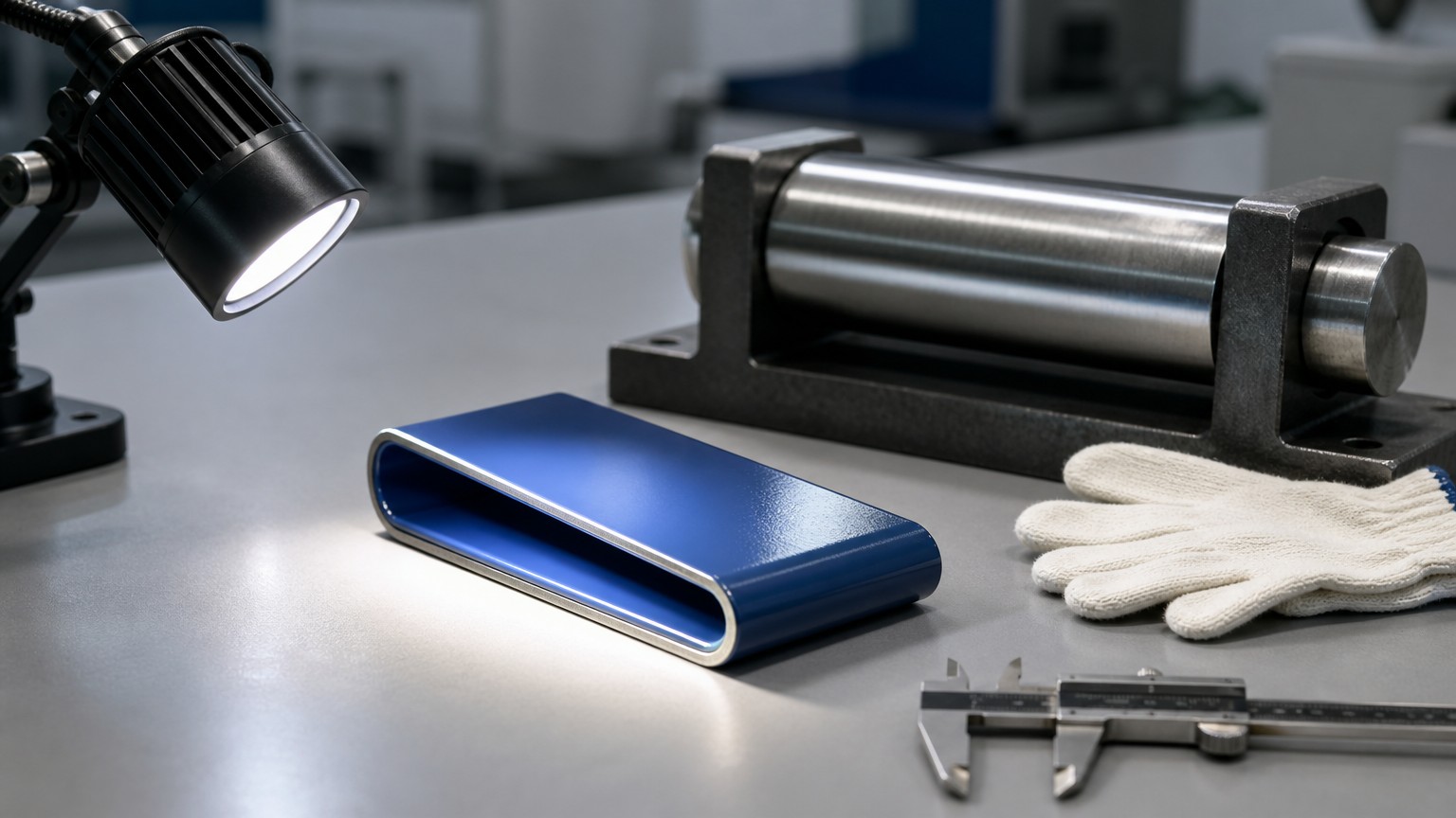 PPGI coating adhesion test - folded T-bend test panel inspected on a laboratory bench under raking light