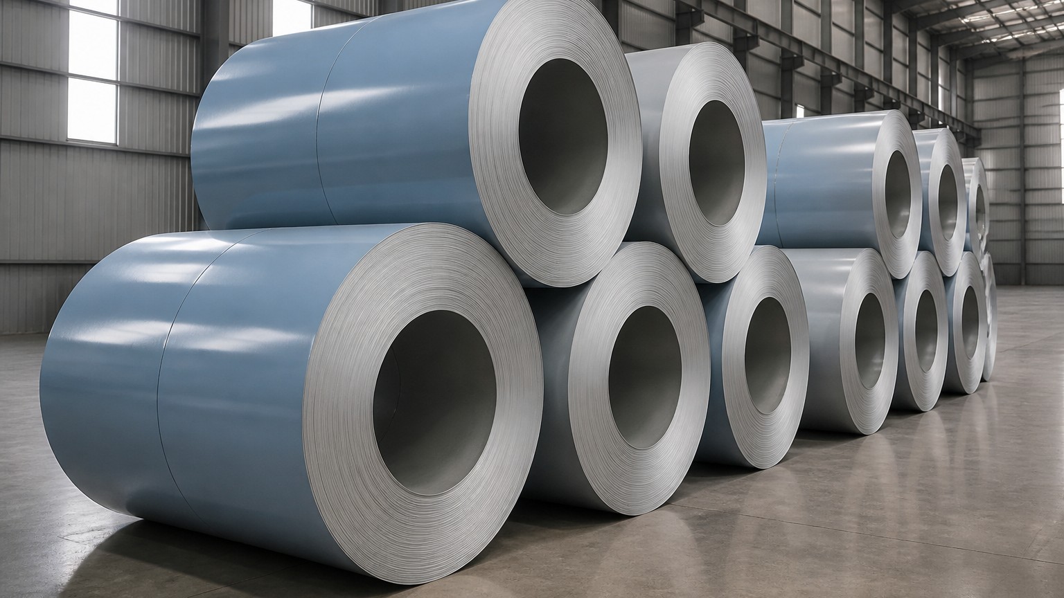 pvdf vs polyester coating - stacked prepainted color coated steel coils in a warehouse before roofing production