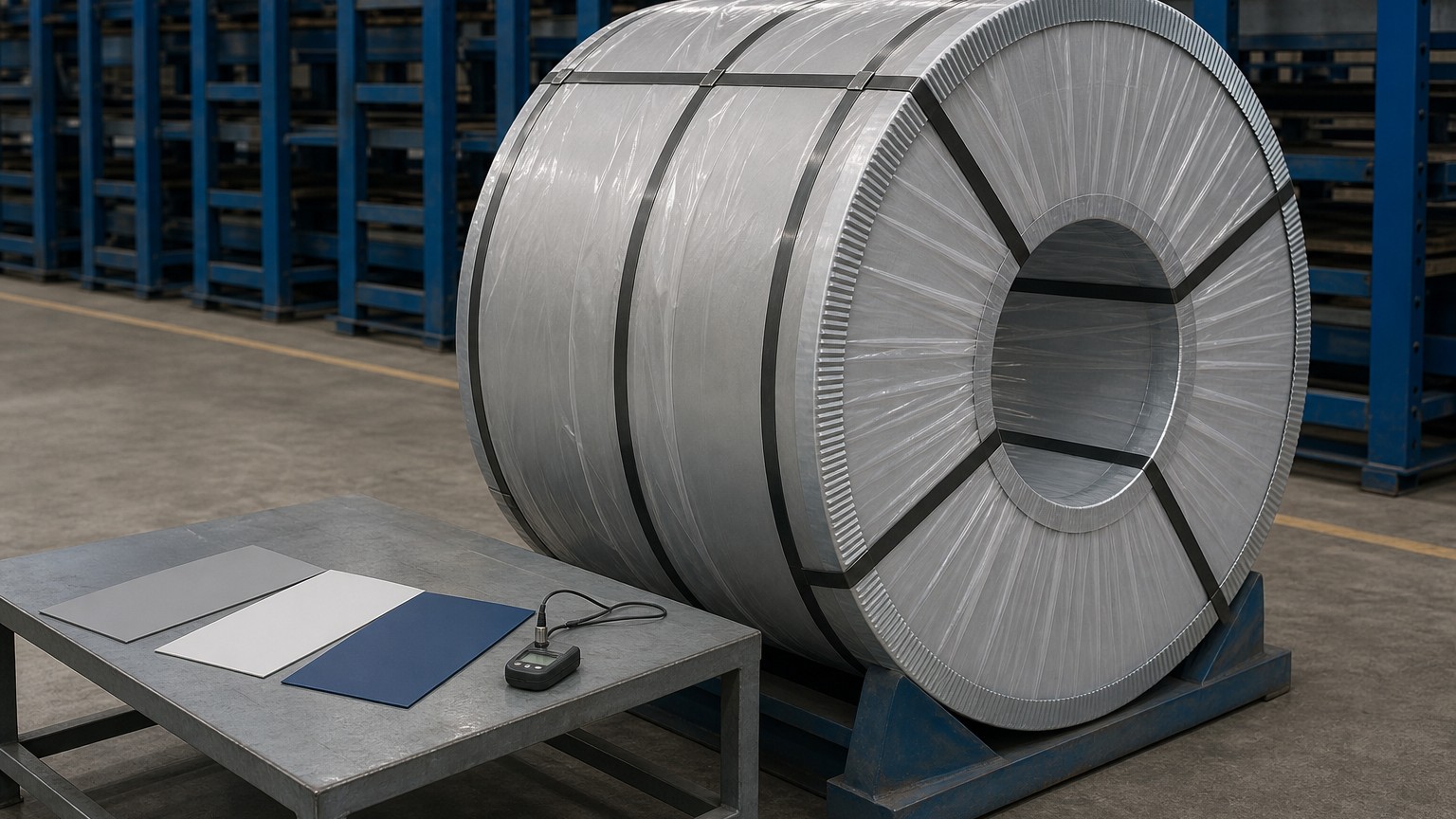 pvdf vs polyester coating - color coated steel coil wrapped and strapped for export inspection with coating test panels