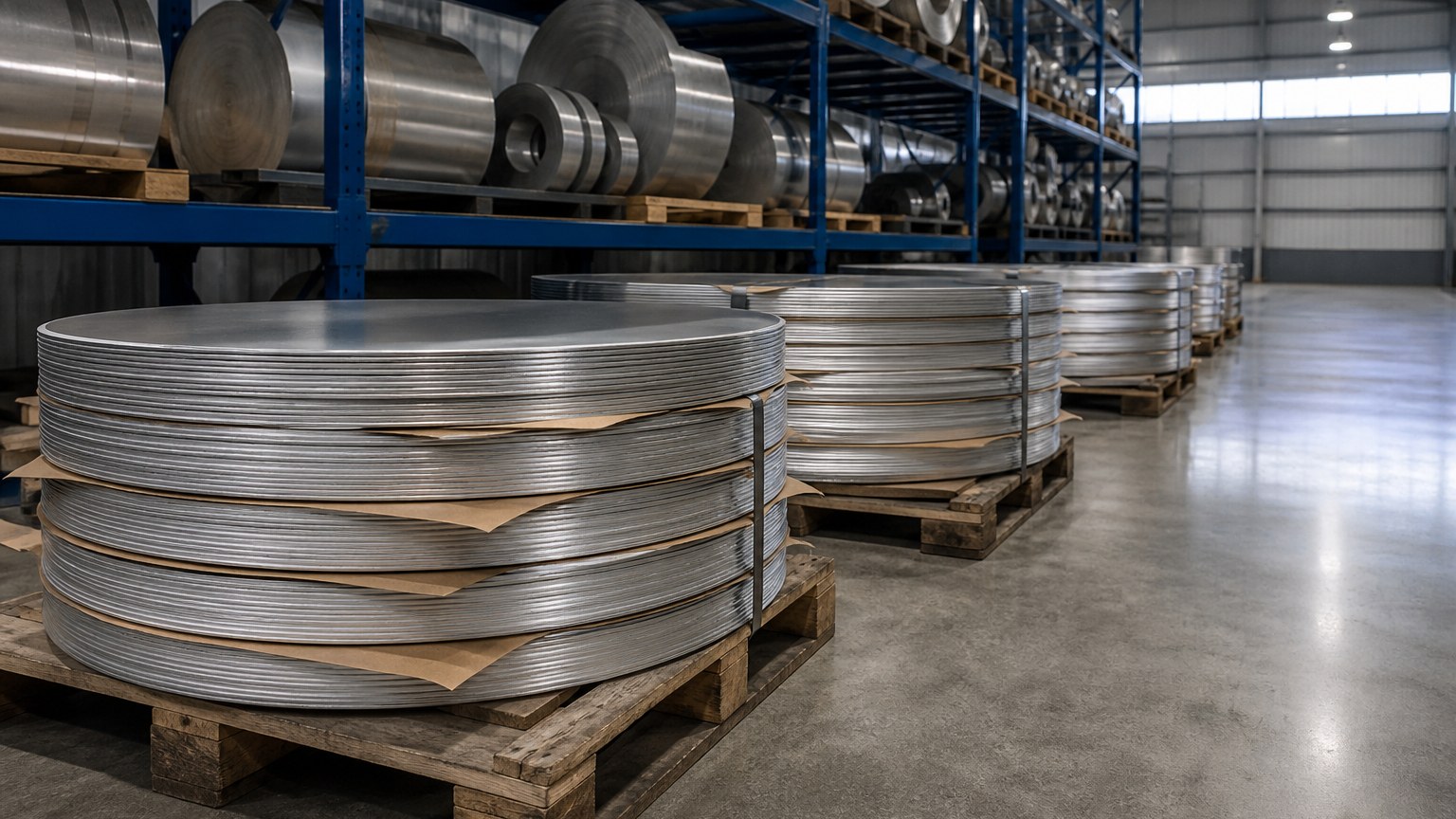 aluminum circle - round aluminium blanks stacked in neat piles on timber pallets in a metals warehouse