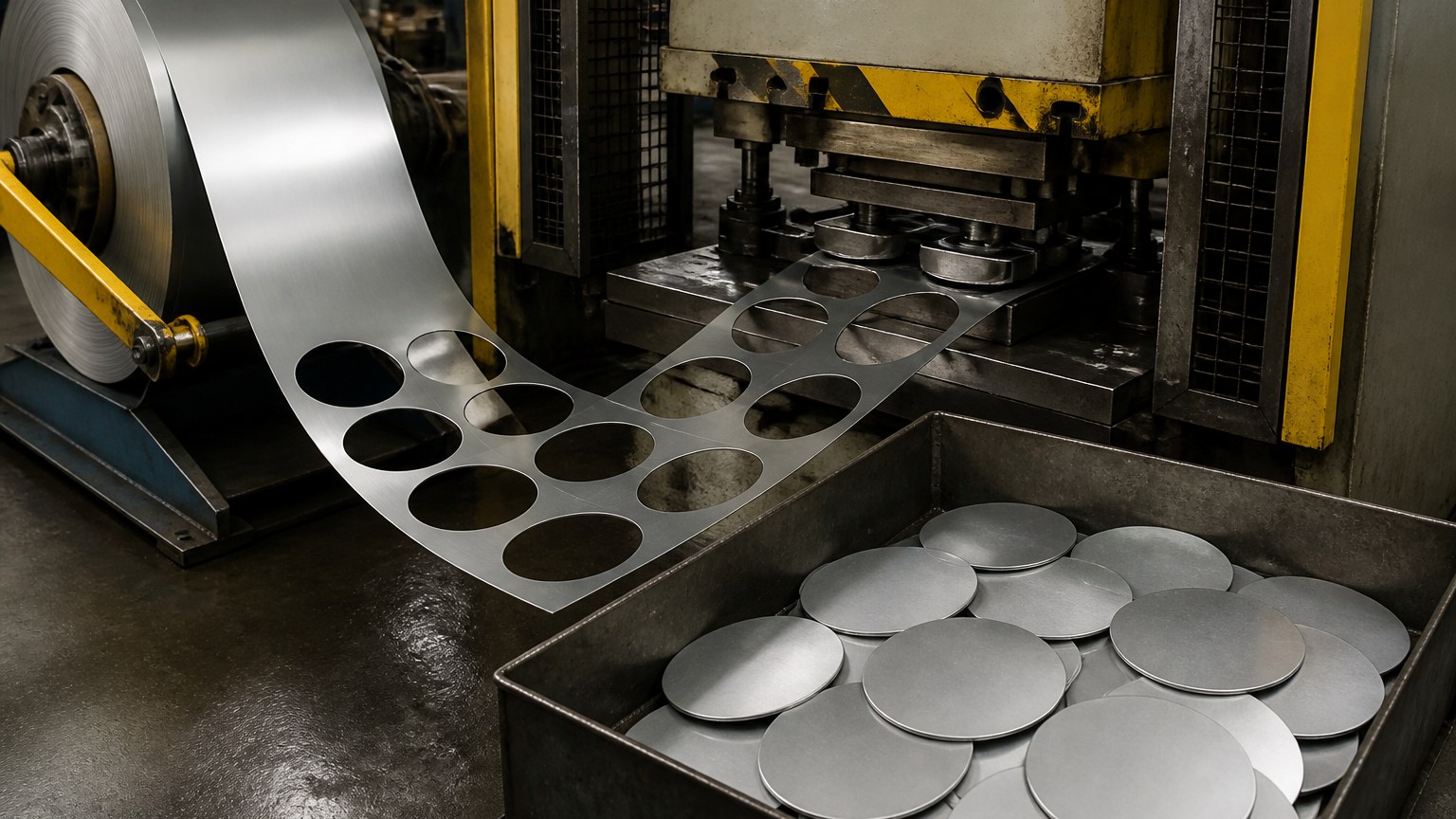 aluminum circle - blanking press cutting round aluminium circle blanks from a wide coil in a stamping workshop